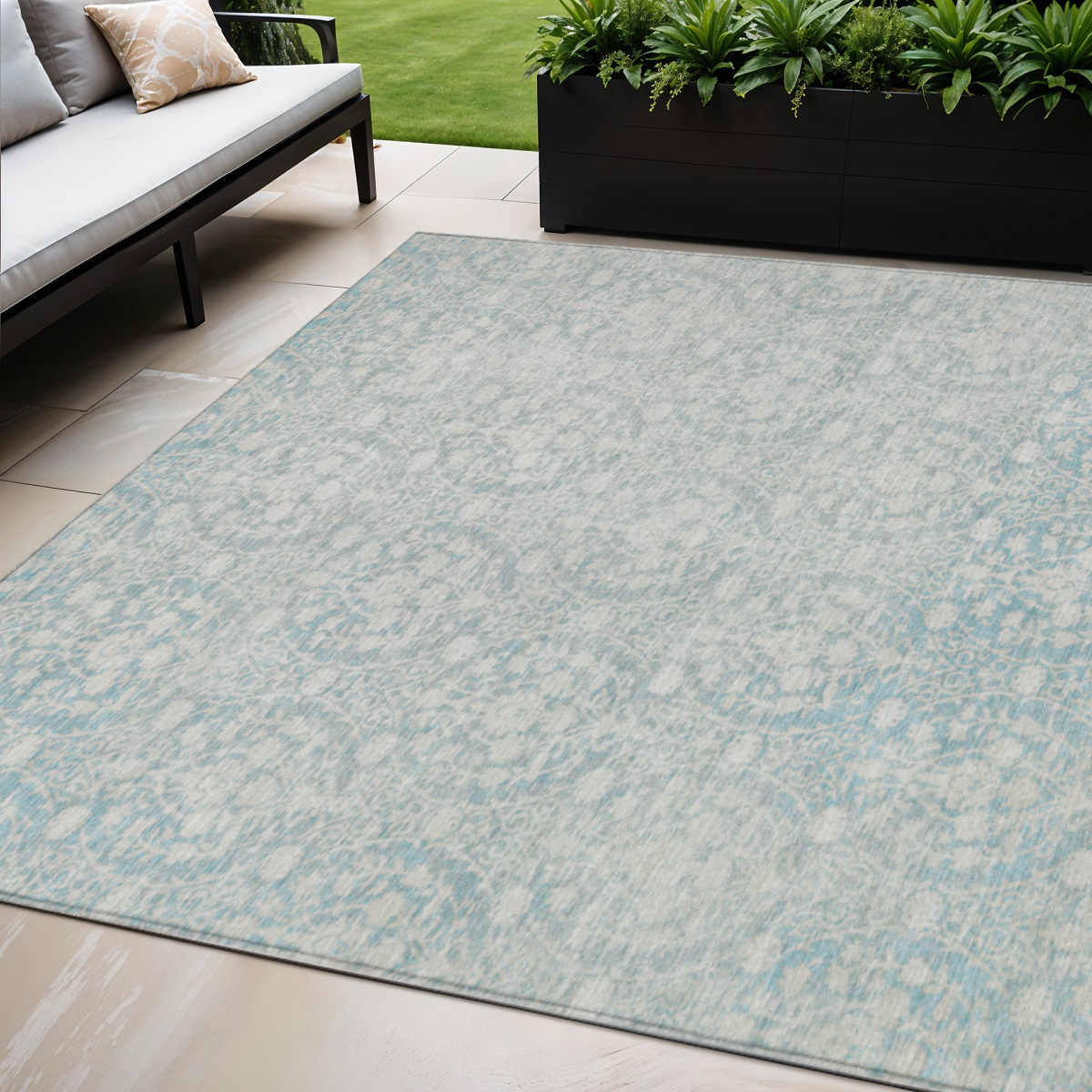607675 5 x 8 ft. Aqua Damask Washable Indoor & Outdoor Rectangle Area Rug