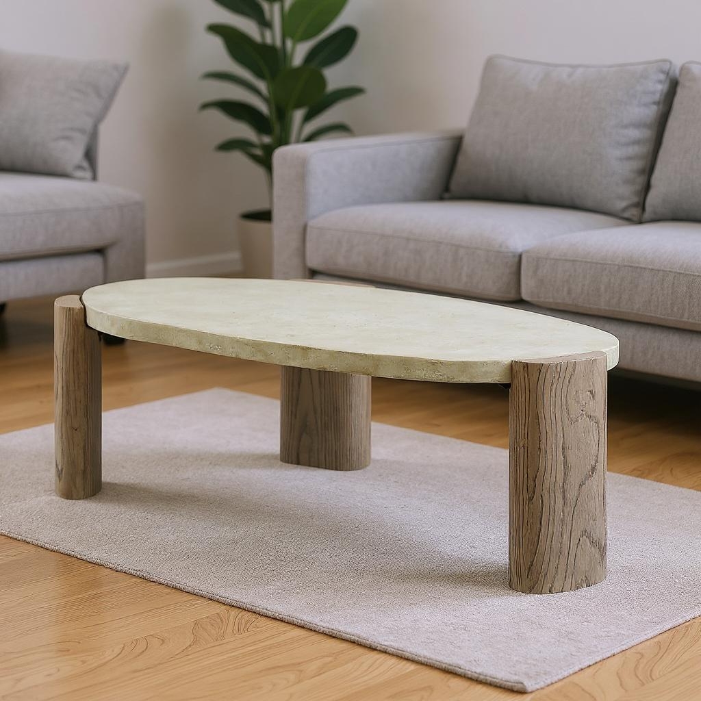 572275 47 in. Beige & Oak Distressed Cement Oval Coffee Table