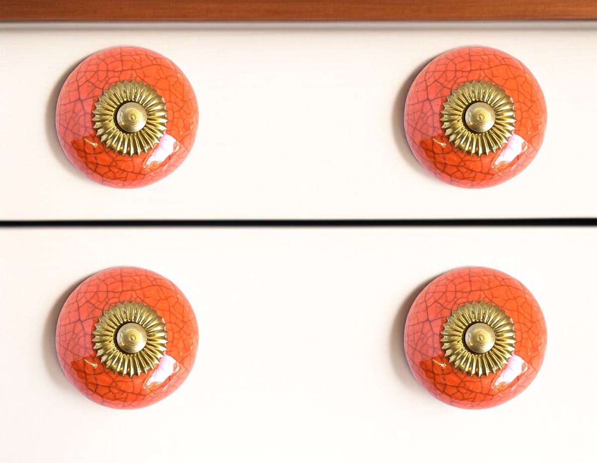 635755 Coral & Gold Ceramic Drawer Pull Knobs - Set of 6