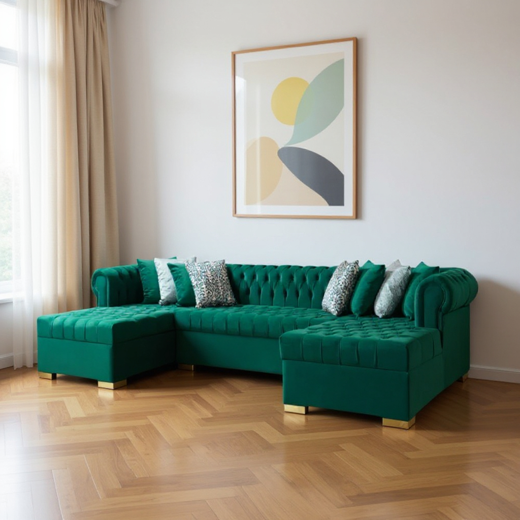 643892 Green Velvet U Shaped 3 Piece Sofa & Chaise Sectional with Toss Pillows