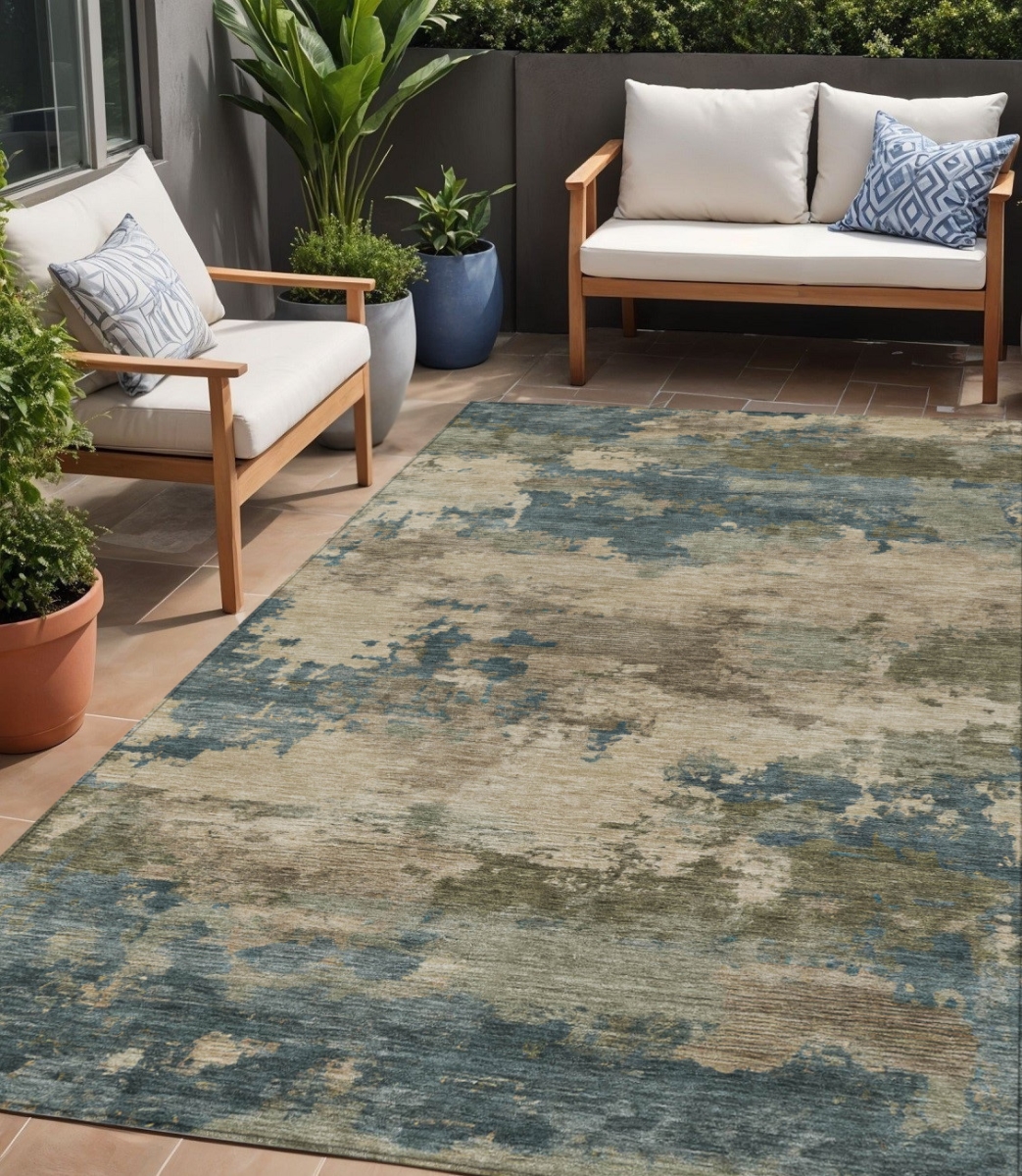 630940 5 x 8 ft. Teal Blue & Beige Abstract Washable Indoor & Outdoor Rectangle Area Rug