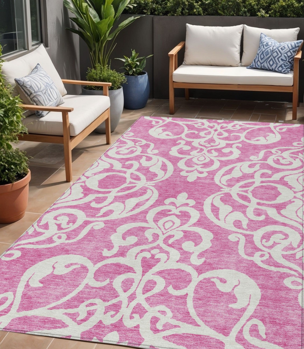 614414 5 x 8 ft. Blush & Ivory Damask Washable Indoor & Outdoor Rectangle Area Rug
