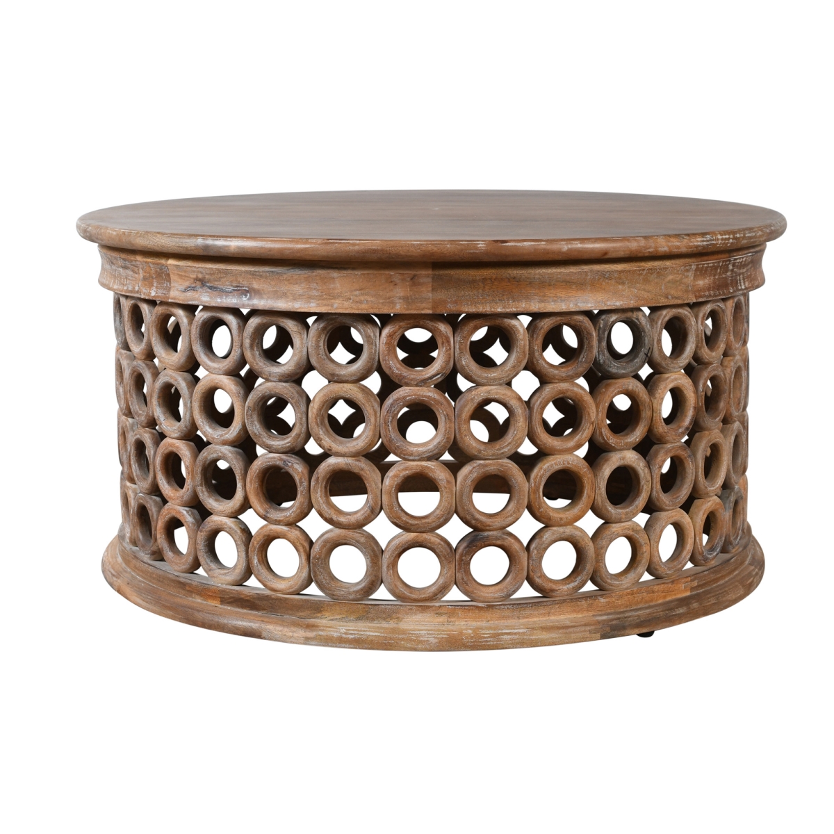 606255 39 in. Brown Solid Wood Round Distressed Drum Coffee Table