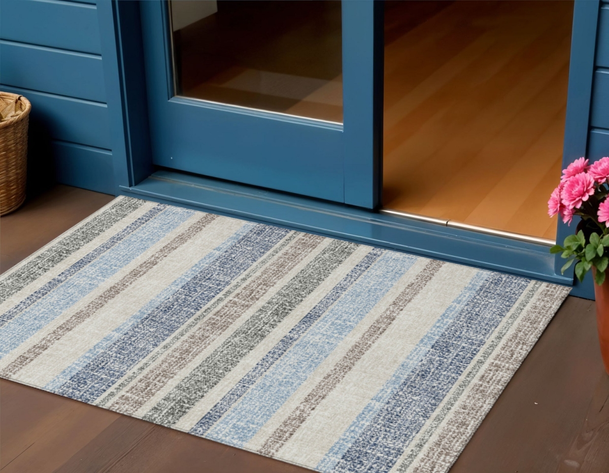 632227 3 x 5 ft. Navy Blue & Beige Striped Washable Indoor & Outdoor Rectangle Area Rug