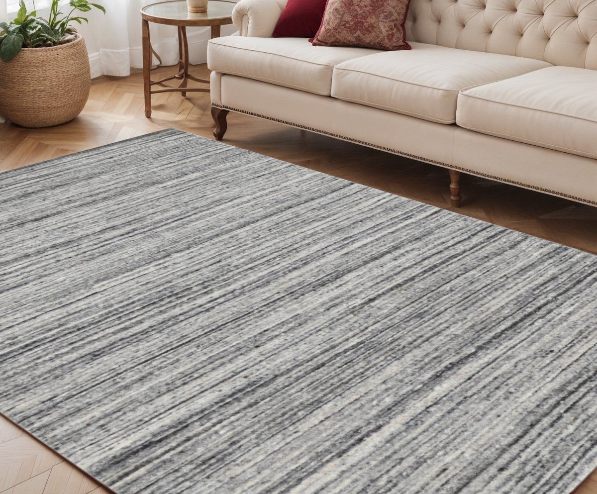 570256 5 x 8 ft. Ivory Gray & Black Wool Striped Hand Woven Rectangle Area Rug