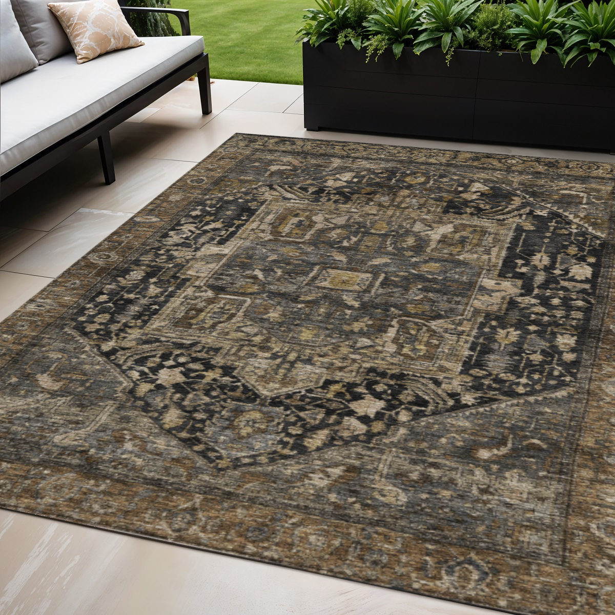 608029 5 x 8 ft. Brown Medallion Washable Indoor & Outdoor Rectangle Area Rug