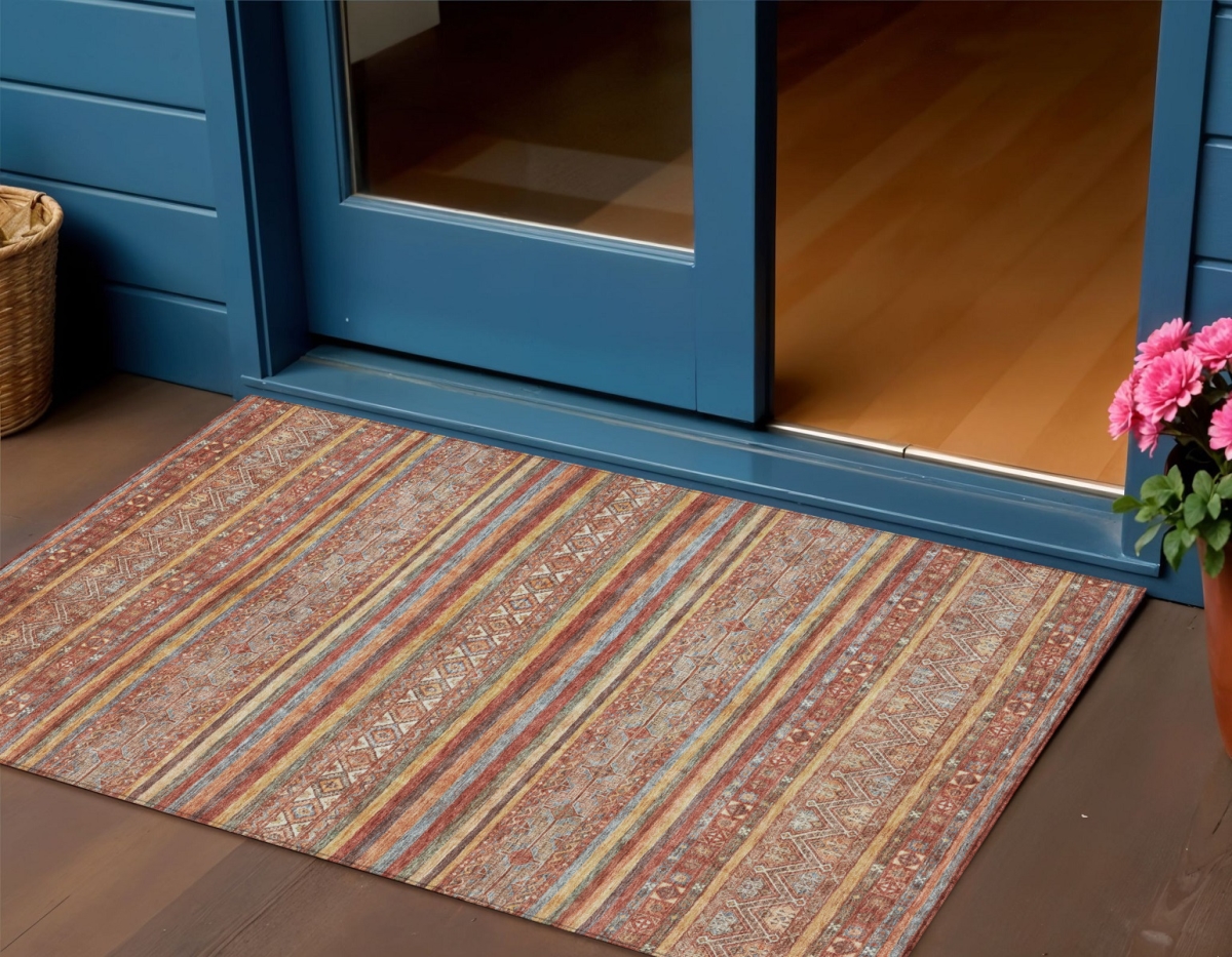 615974 3 x 5 ft. Rust Gold & Silver Southwestern Washable Indoor & Outdoor Rectangle Area Rug