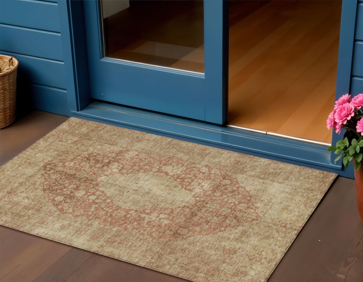 616472 3 x 5 ft. Rust & Beige Medallion Washable Indoor & Outdoor Rectangle Area Rug