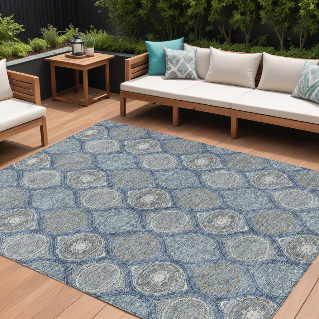 614608 8 x 10 ft. Navy Blue Ivory & Taupe Floral Medallion Washable Indoor & Outdoor Rectangle Area Rug