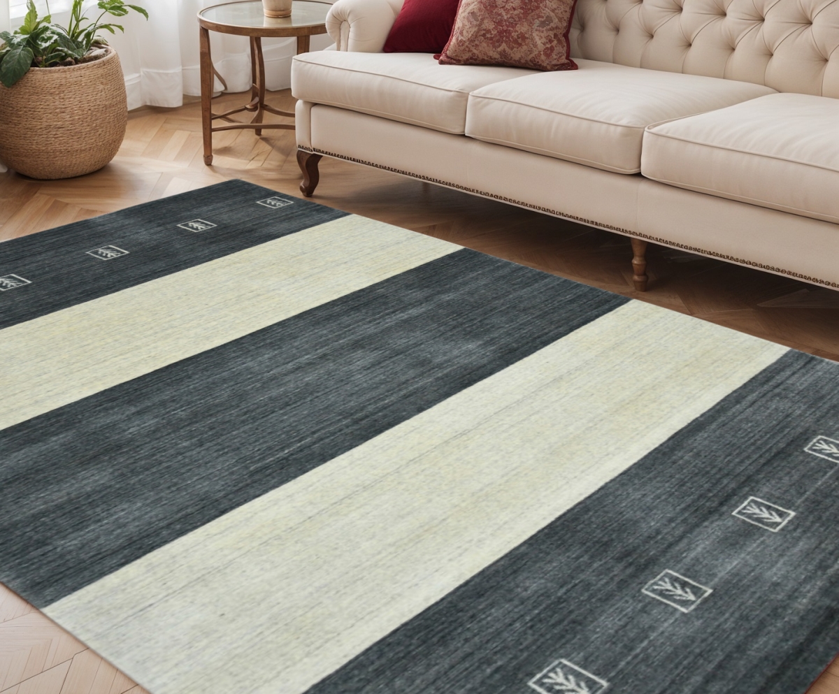 570698 5 x 8 ft. Charcoal & Ivory Wool Striped Hand Woven Rectangle Area Rug