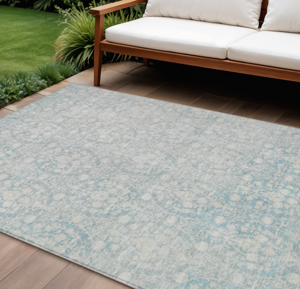 607677 8 x 10 ft. Aqua Damask Washable Indoor & Outdoor Rectangle Area Rug