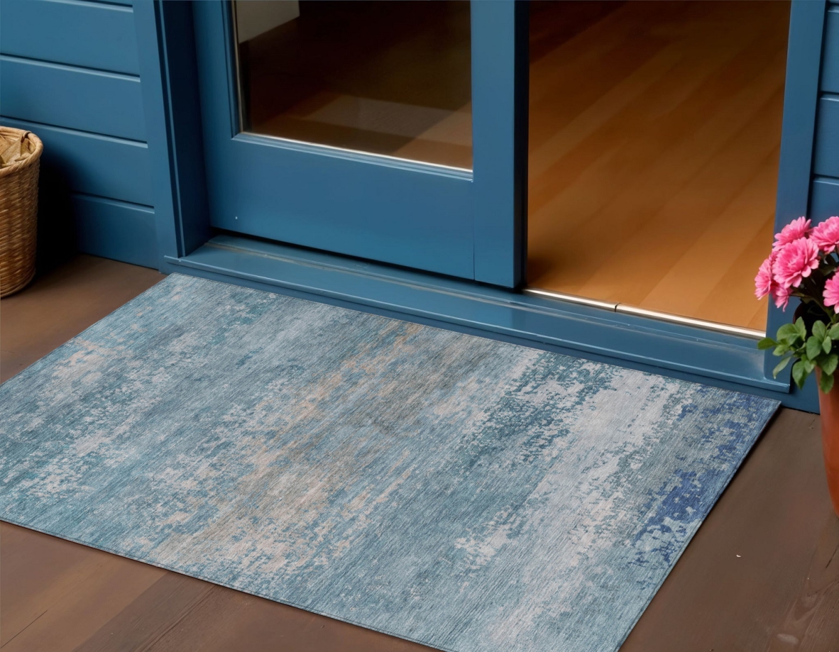 630849 3 x 5 ft. Sky Blue & Gray Abstract Washable Indoor & Outdoor Rectangle Area Rug
