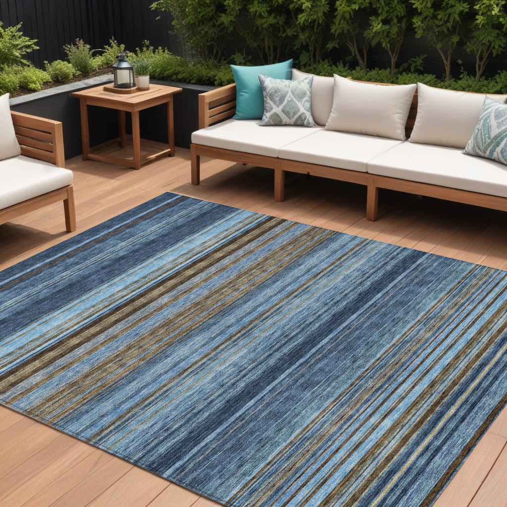 614820 10 x 14 ft. Navy Blue Sky Blue & Taupe Striped Washable Indoor & Outdoor Rectangle Area Rug