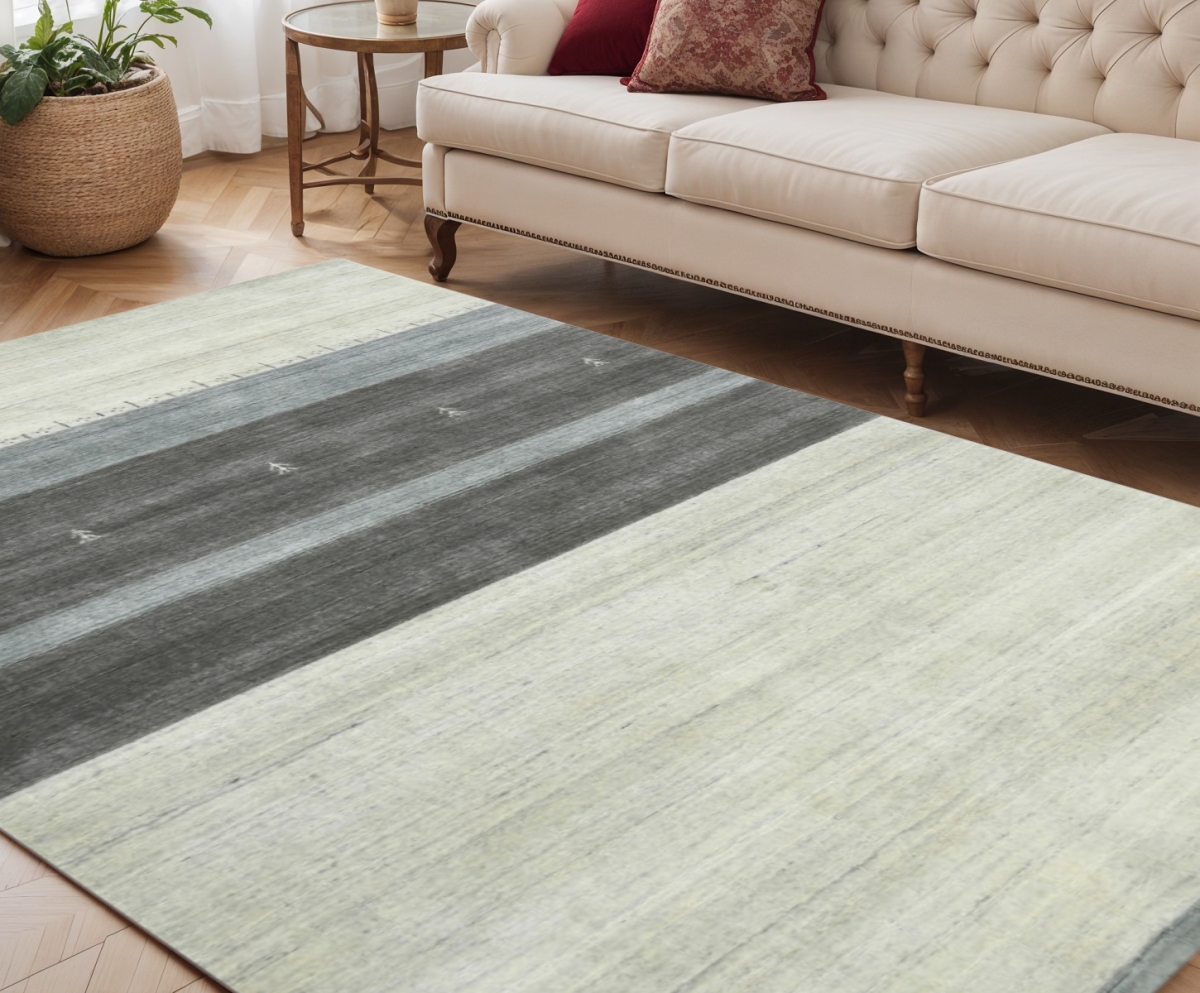570689 5 x 8 ft. Ivory Gray & Green Wool Striped Hand Woven Rectangle Area Rug