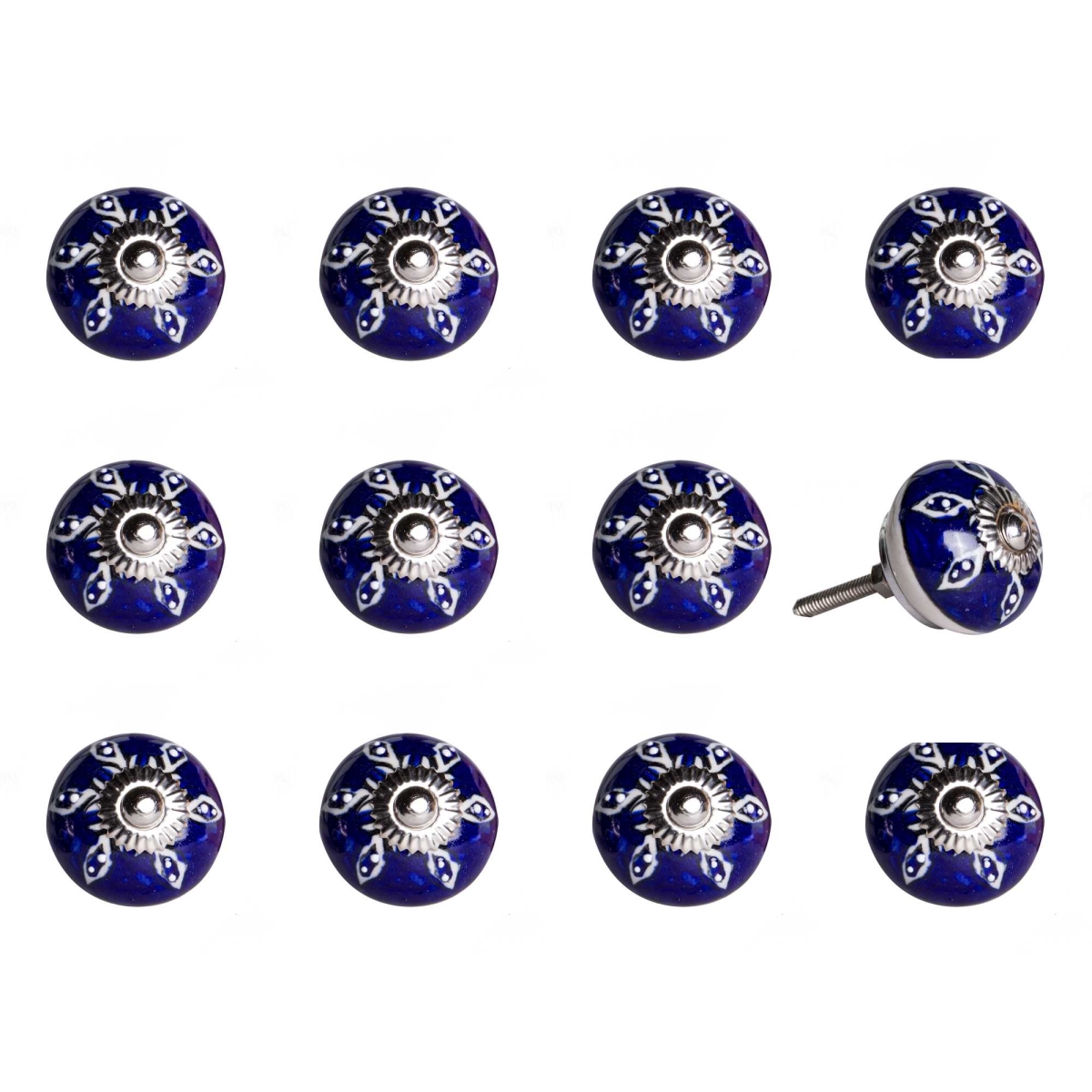 HomeRoots Navy/White/Silver Ceramic/Metal 1.5" X 1.5" X 1.5" Multi-Color 12 Pack Knob-It K2500