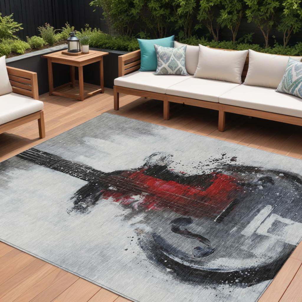 631158 8 x 10 ft. Gray Charcoal & Red Abstract Washable Indoor & Outdoor Rectangle Area Rug