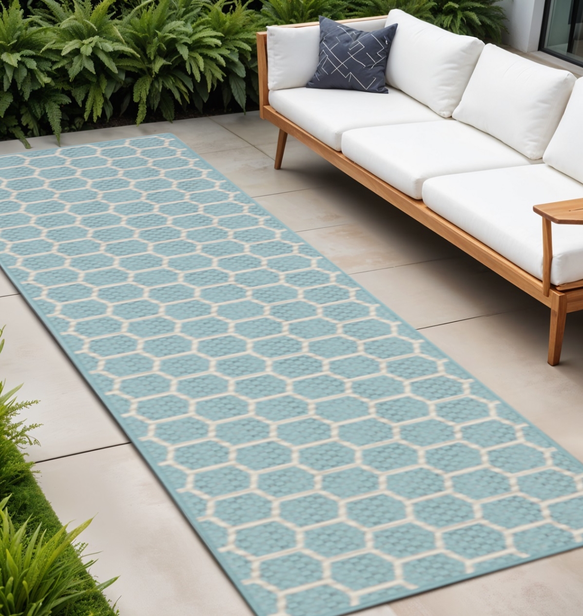 556303 6 ft. Aqua & Ivory Geometric Indoor & Outdoor Rectangle Area Rug