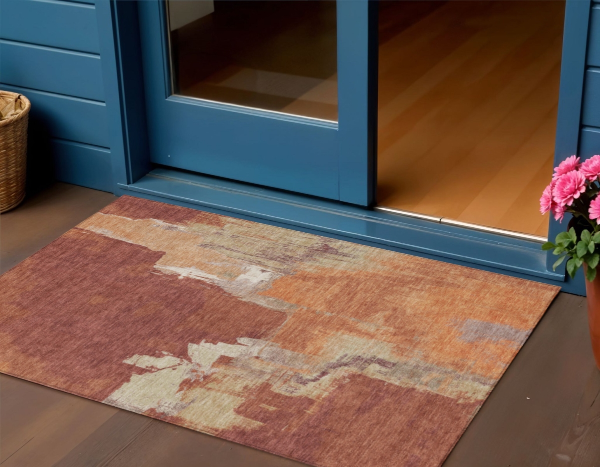 609172 3 x 5 ft. Orange & Burnt Orange Abstract Washable Indoor & Outdoor Rectangle Area Rug