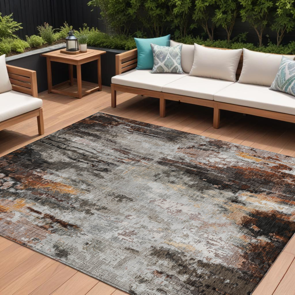 615864 9 x 12 ft. Gray Rust & Ivory Abstract Washable Indoor & Outdoor Rectangle Area Rug