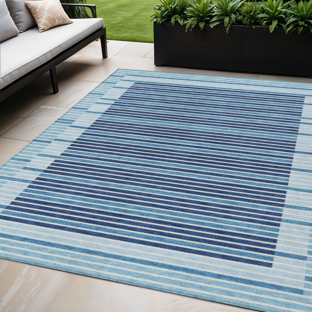 610505 5 x 8 ft. Sky Blue & Denim Blue Striped Washable Indoor & Outdoor Rectangle Area Rug