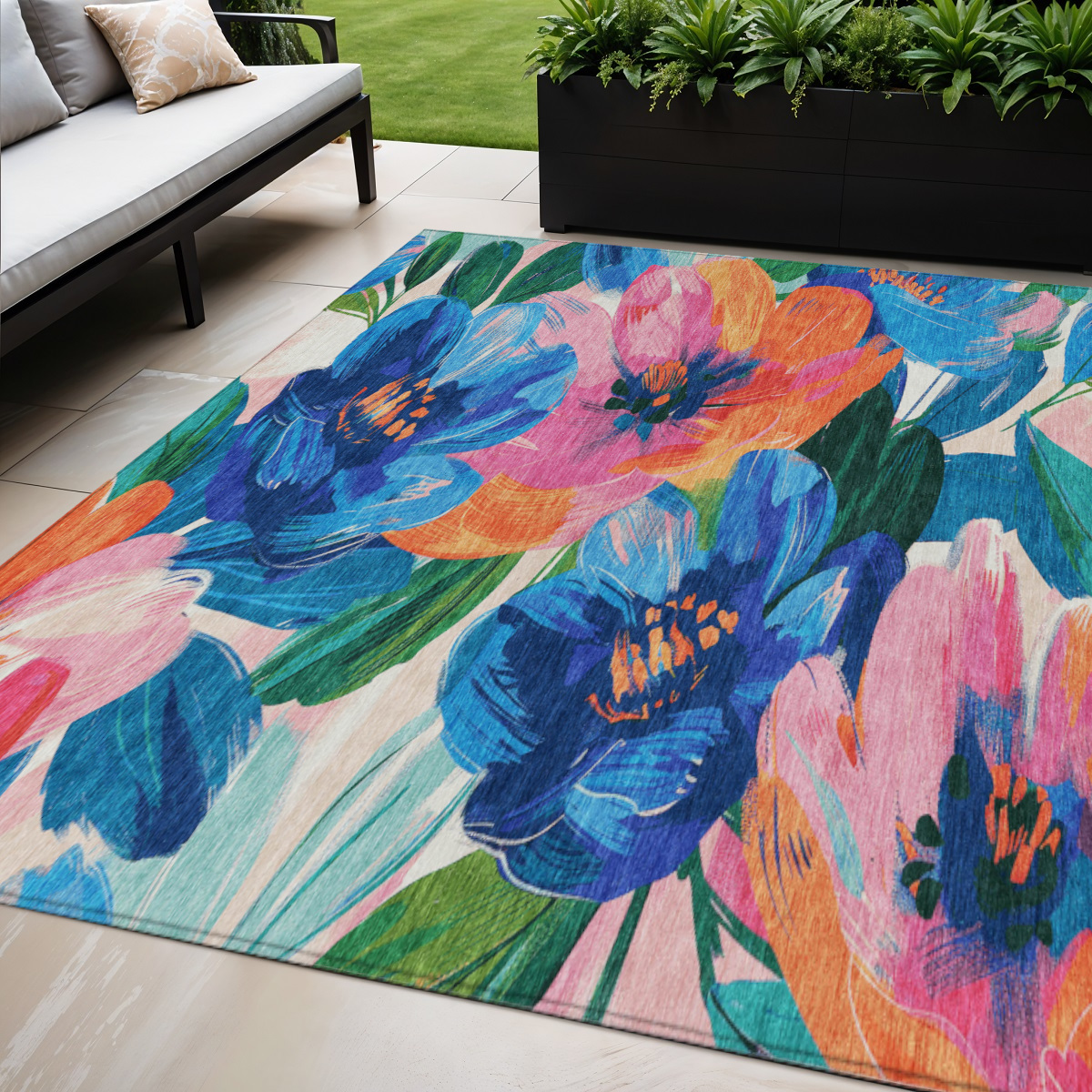 611072 5 x 8 ft. Navy Blue & Sky Blue Floral Washable Indoor & Outdoor Rectangle Area Rug
