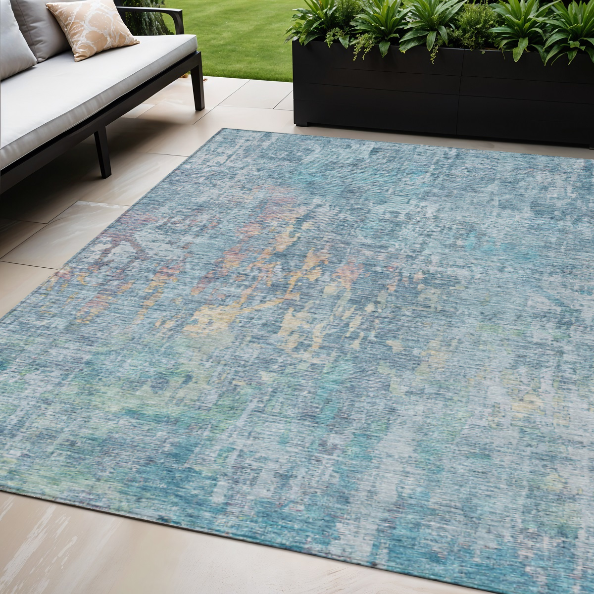 607861 5 x 8 ft. Blue Abstract Washable Indoor & Outdoor Rectangle Area Rug