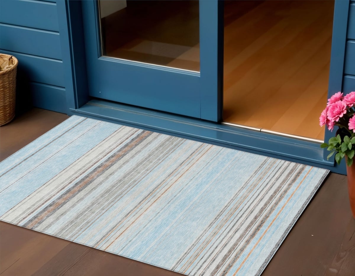 614833 3 x 5 ft. Sky Blue Gray & Beige Striped Washable Indoor & Outdoor Rectangle Area Rug