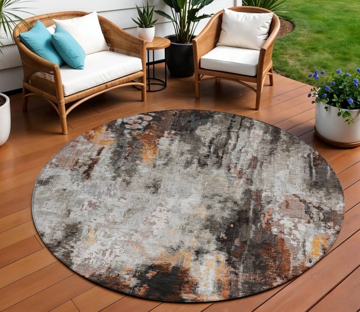 615862 8 ft. Gray Rust & Ivory Round Abstract Washable Indoor & Outdoor Area Rug