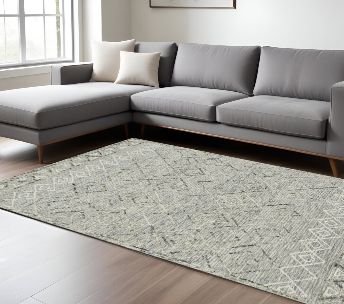 570314 9 x 13 ft. Gray Ivory & Black Wool Argyle Hand Hooked Rectangle Area Rug