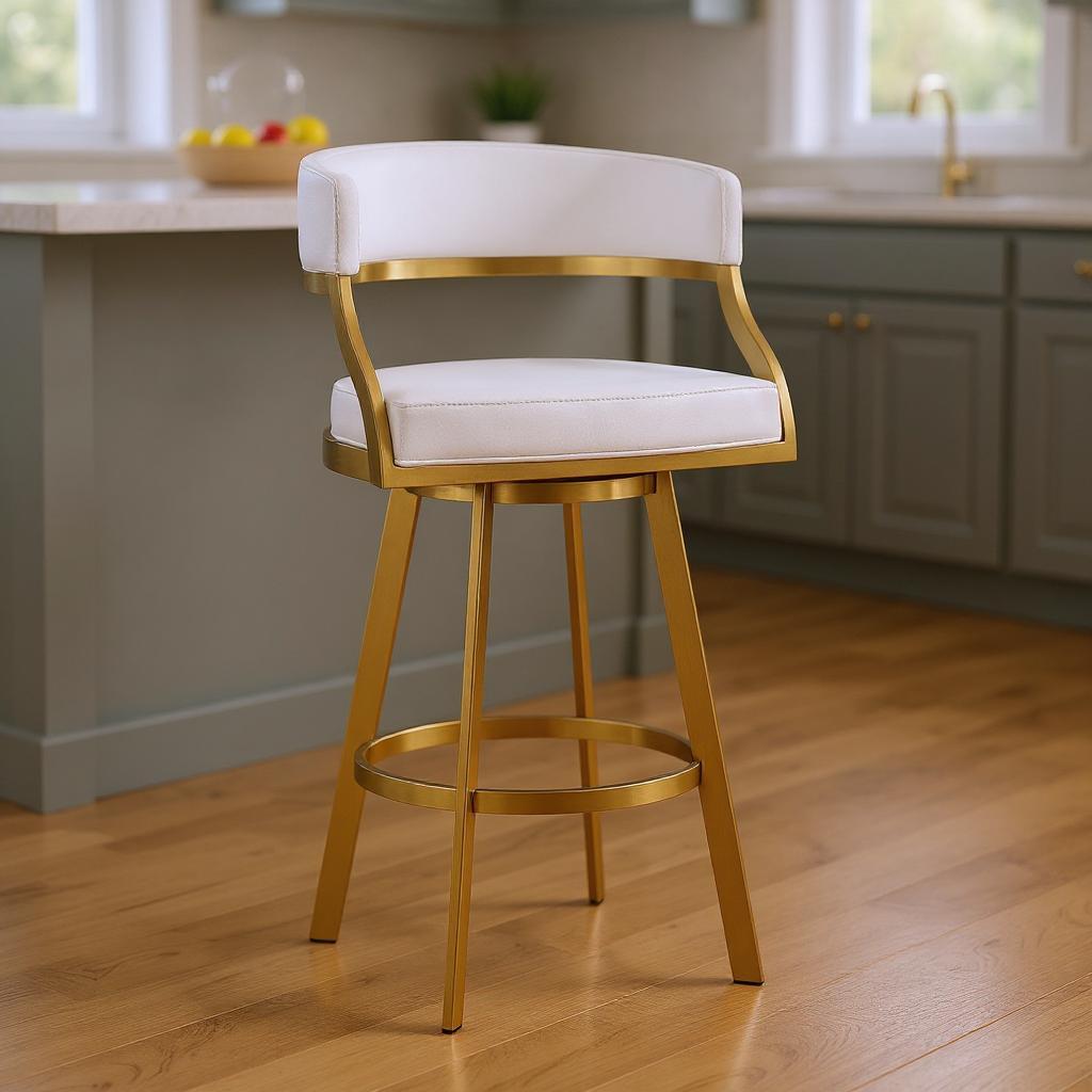 569174 38 x 21 x 20.5 in. White & Gold Faux Leather & Stainless Steel Low Back Counter Height Swivel Bar Chair