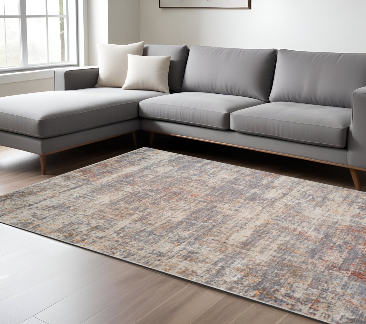 570968 9 x 12 ft. Gray Ivory & Brick Red Abstract Rectangle Area Rug with Fringe