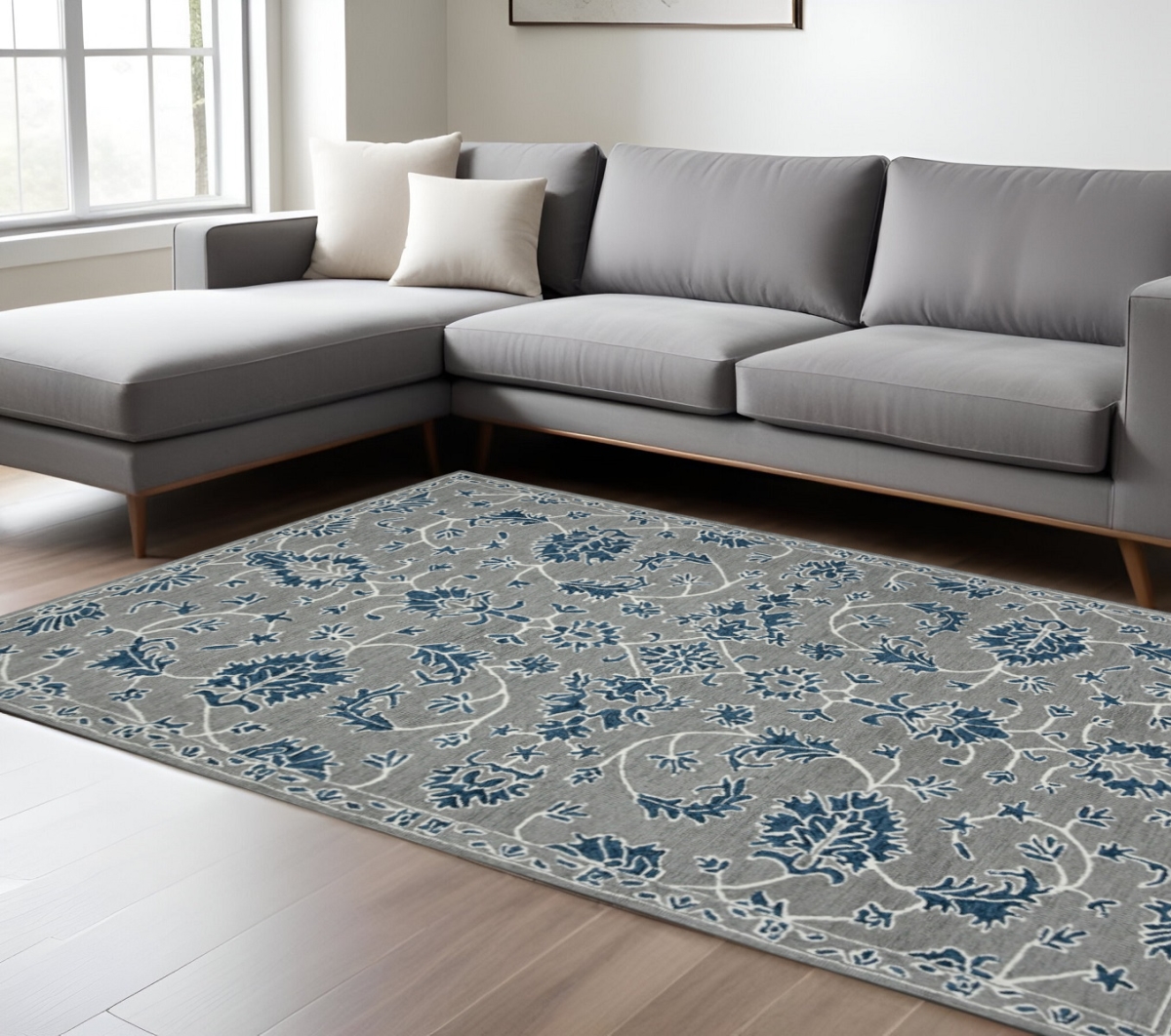 570394 9 x 13 ft. Gray Blue & Ivory Wool Floral Medallion Hand Hooked Rectangle Area Rug