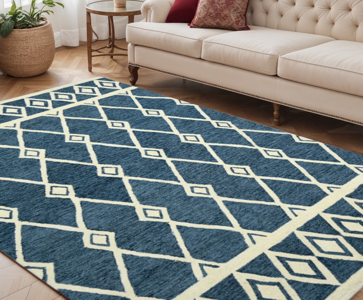 570440 5 x 8 ft. Blue & Ivory Wool Argyle Hand Hooked Rectangle Area Rug