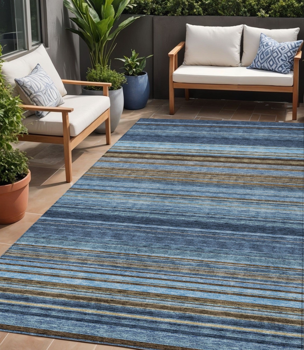 614816 5 x 8 ft. Navy Blue Sky Blue & Taupe Striped Washable Indoor & Outdoor Rectangle Area Rug