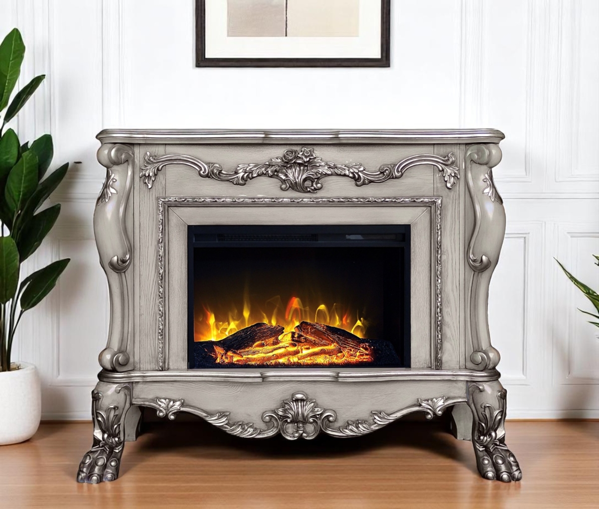 574008 47 in. Bone Wood Ornate Carved Scrollwork Electric Free Standing Fireplace with Mantle