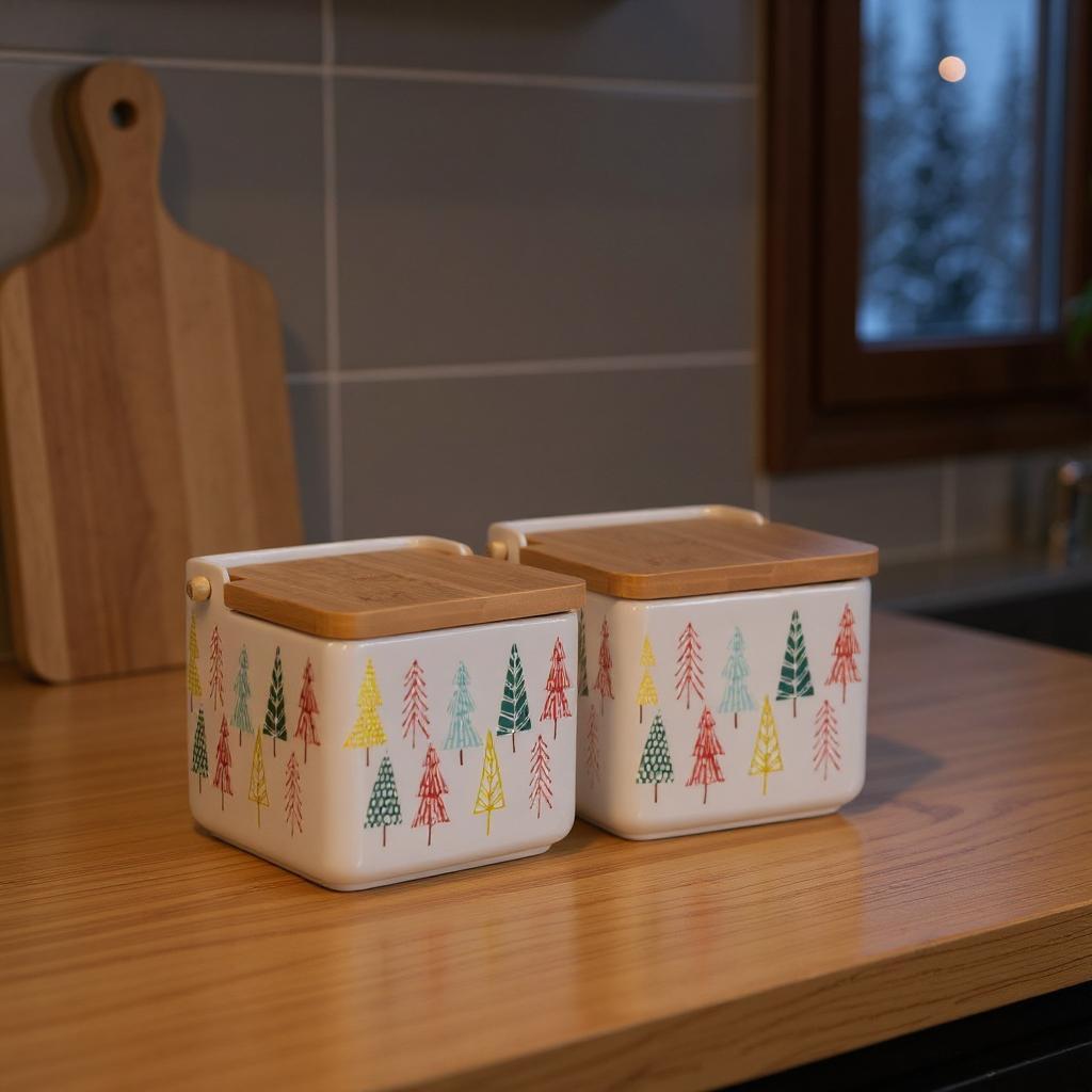 Picture of HomeRoots 638948 White Green & Red Ceramic & Wood Christmas Lidded Canisters - Set of 2