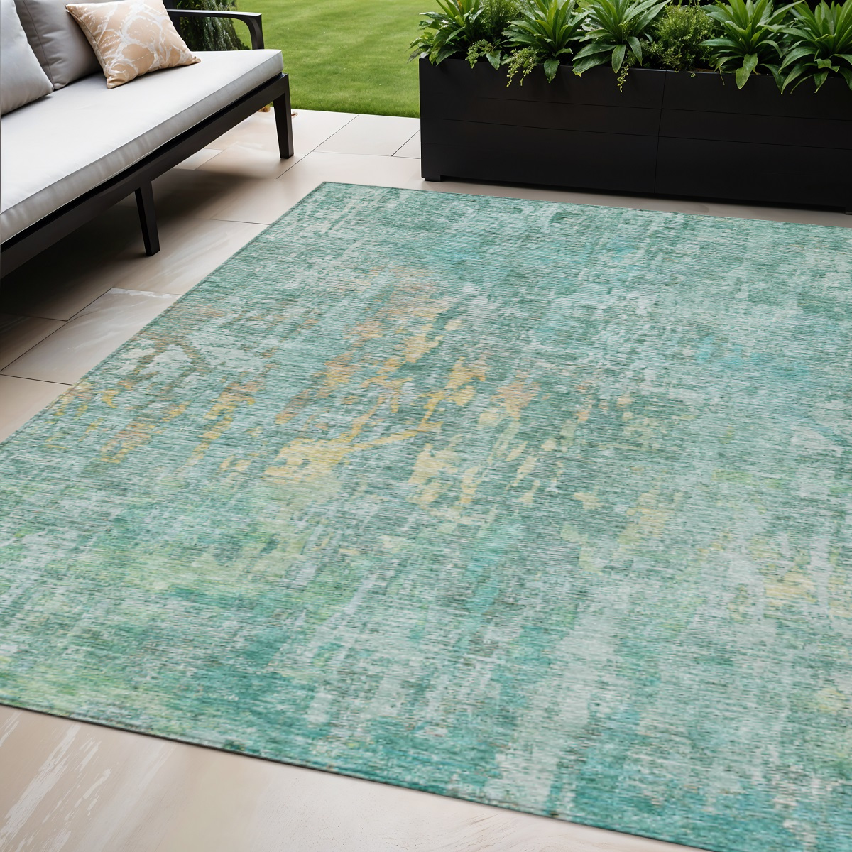 607891 5 x 8 ft. Teal Blue Abstract Washable Indoor & Outdoor Rectangle Area Rug