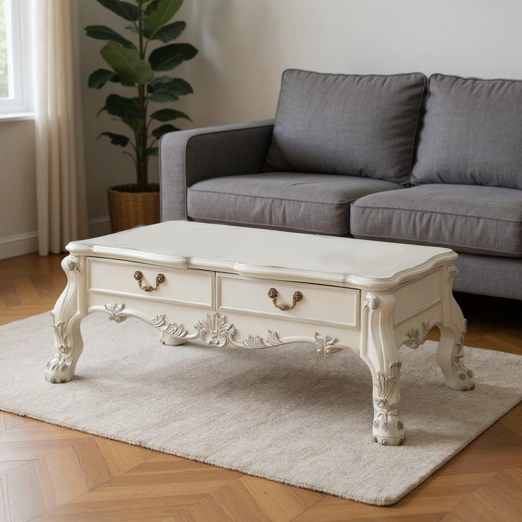 572271 57 in. Bone Wood Coffee Table with Two Drawers