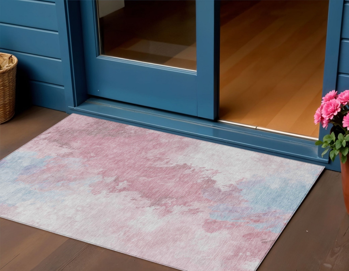 617389 3 x 5 ft. Blush Ivory & Blue Abstract Washable Indoor & Outdoor Rectangle Area Rug