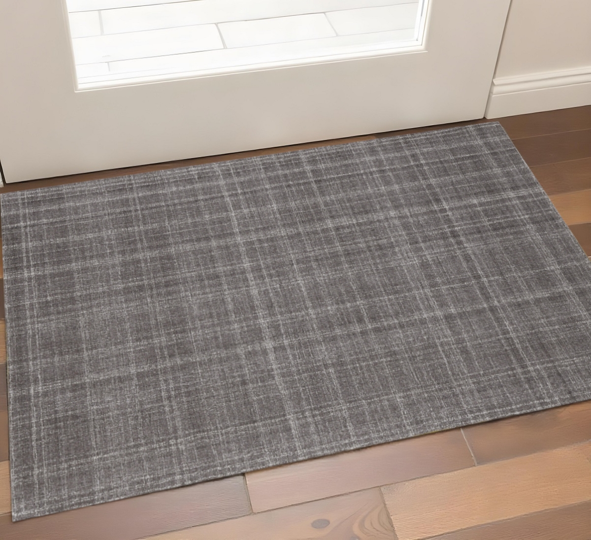 570528 2 ft. x 3 ft. Graphite & Ivory Wool Plaid Hand Tufted Area Rug