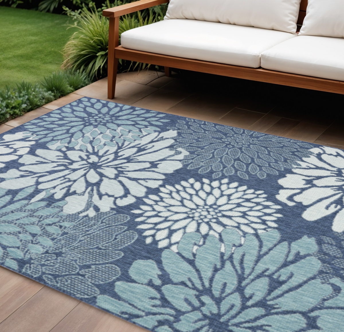 573232 9 x 12 ft. Navy Blue Floral Indoor & Outdoor Rectangle Area Rug