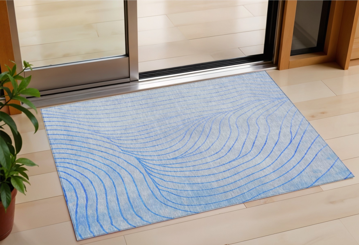 631755 3 x 5 ft. Blue & Silver Abstract Washable Indoor & Outdoor Rectangle Area Rug