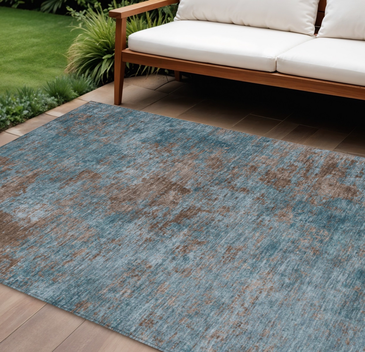 609397 8 x 10 ft. Teal Blue & Brown Abstract Washable Indoor & Outdoor Rectangle Area Rug