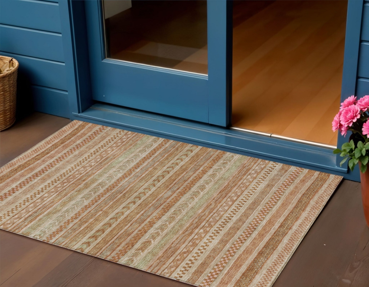 615386 3 x 5 ft. Terra Cotta & Rust Striped Washable Indoor & Outdoor Rectangle Area Rug