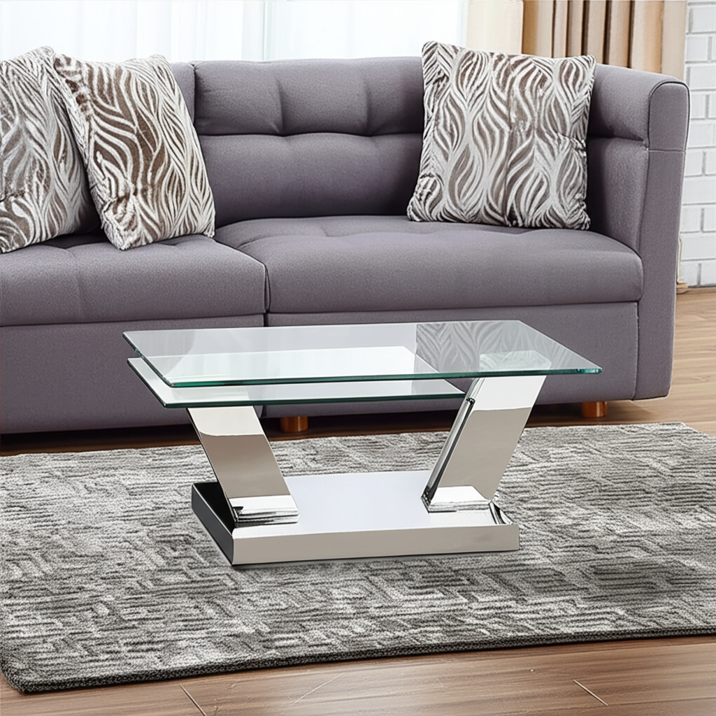 554268 32 in. Glass & Stainless Steel Floor Shelf Coffee Table, Clear & Silver