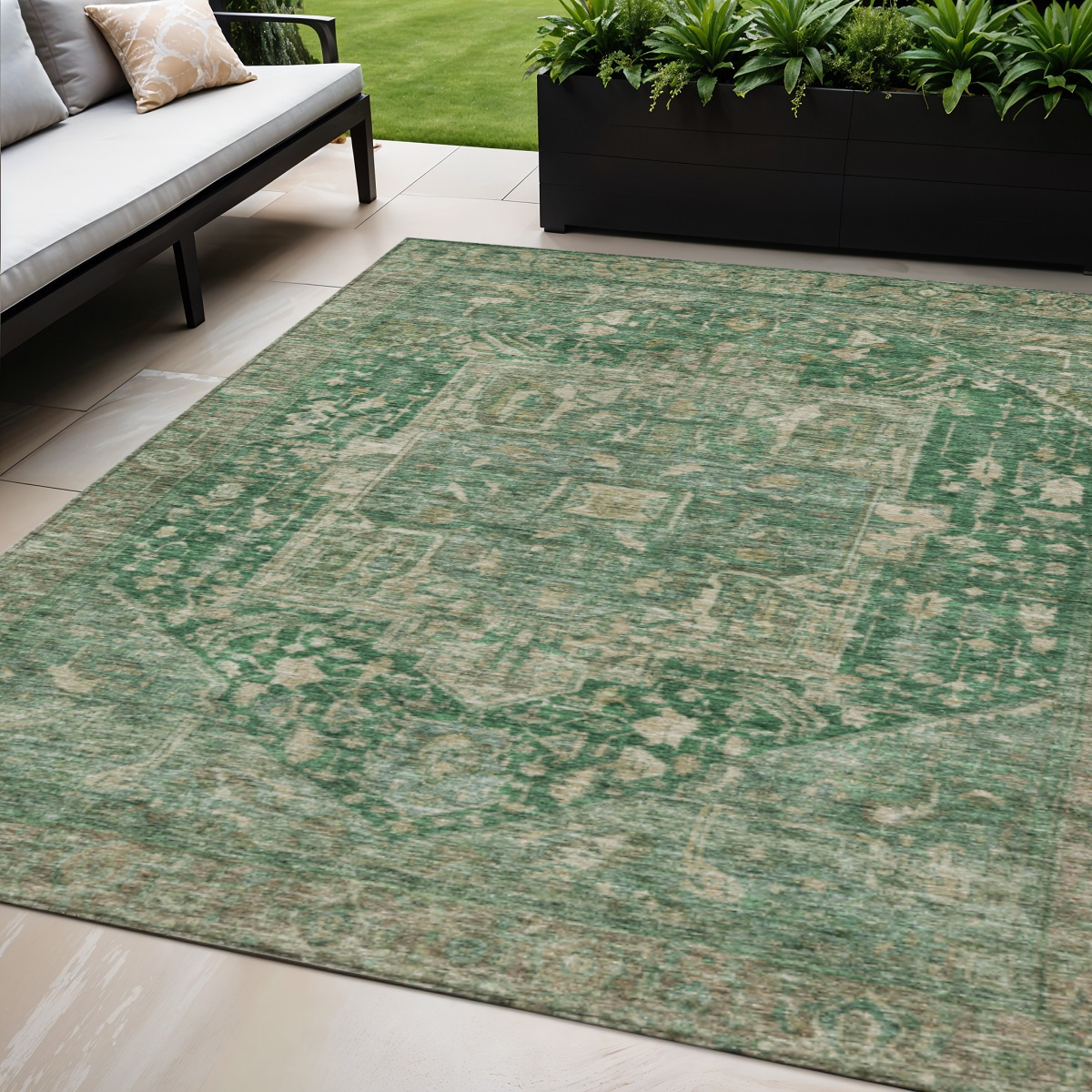 608017 5 x 8 ft. Emerald Medallion Washable Indoor & Outdoor Rectangle Area Rug
