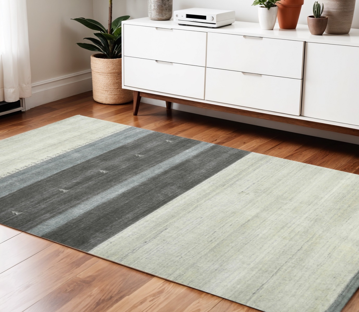 570688 4 x 6 ft. Ivory Gray & Green Wool Striped Hand Woven Rectangle Area Rug