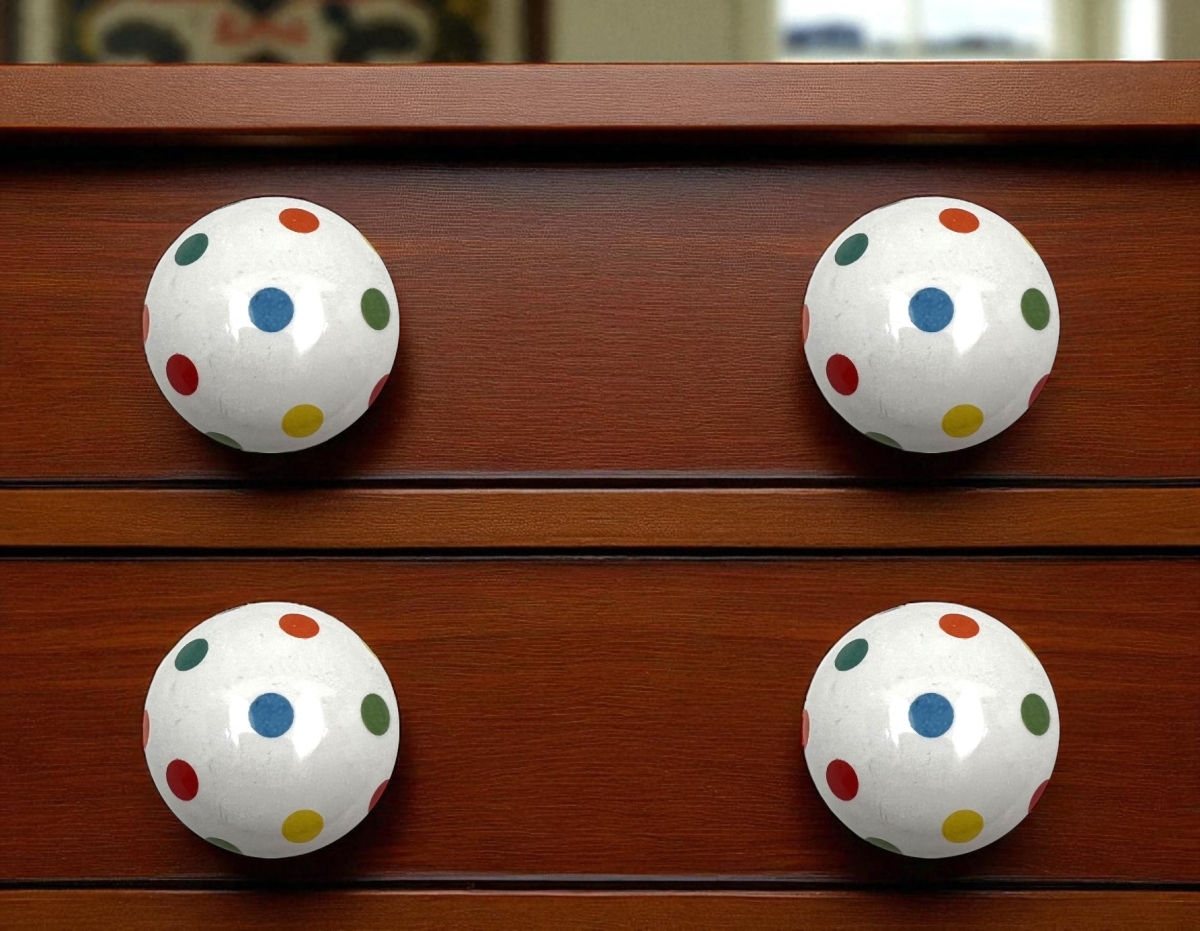 635792 Off White Blue Red & Green Polka Dots Ceramic Drawer Pull Knobs - Set of 6
