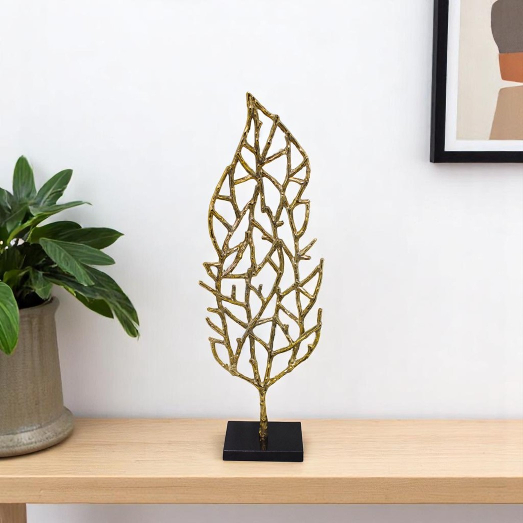 628150 26 in. Gold & Black Aluminum & Marble Leaf Tabletop Sculpture