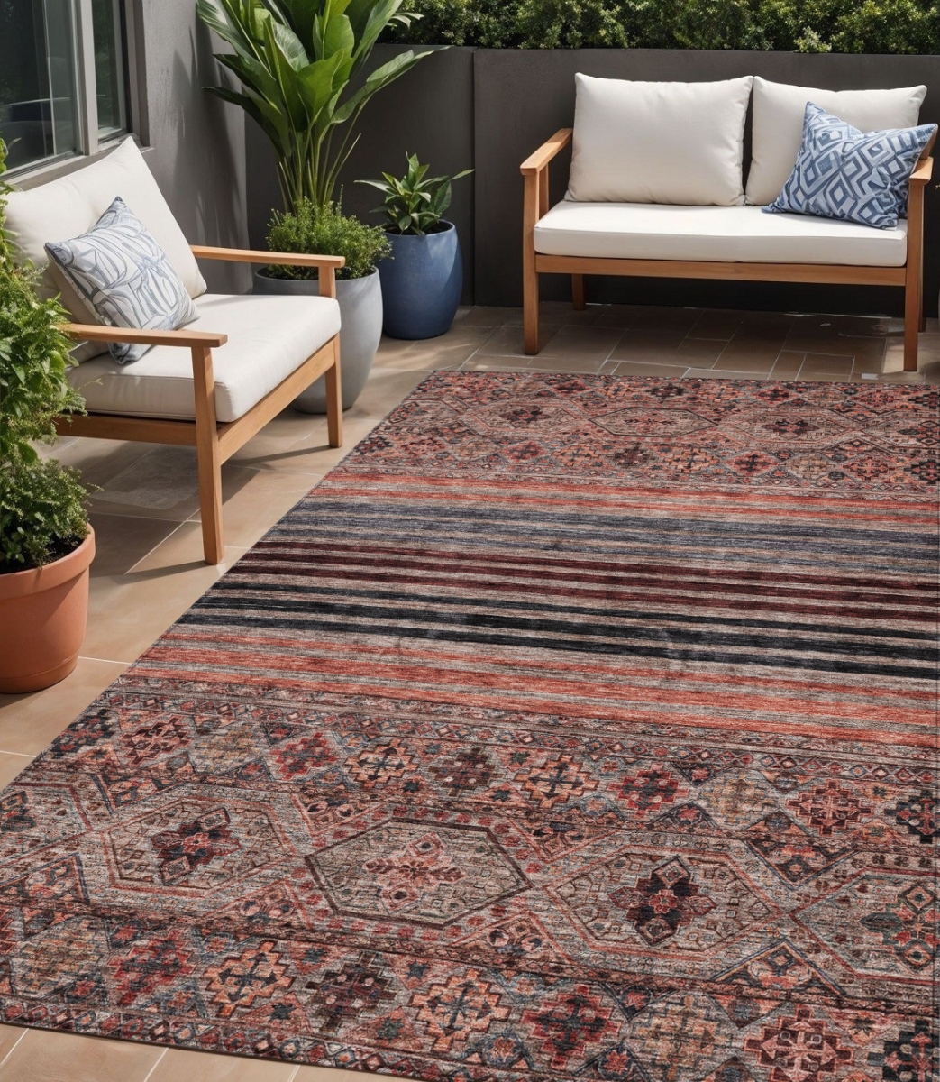Medallion Area Rug - Rust Gray & Salmon - 5 x 8 ft - Washable & Stain Resistant